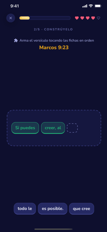 Pantalla de Ilum donde se arma el versículo tocando fichas en orden