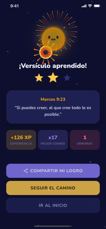 Celebración de versículo aprendido en Ilum con estrellas y experiencia ganada