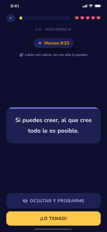 Lección de Ilum mostrando el versículo Marcos 9:23 completo para leerlo