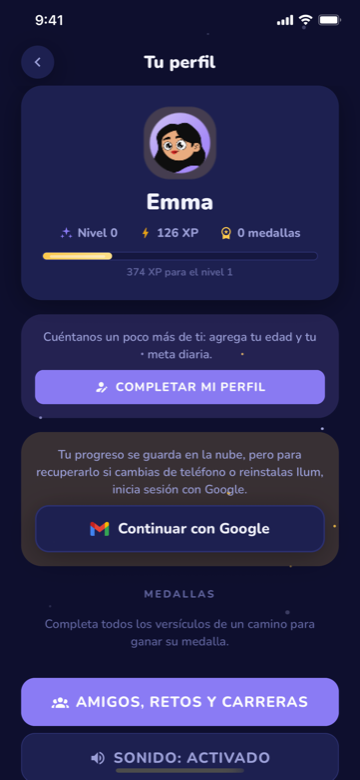 Captura de Ilum: Tu perfil y medallas
